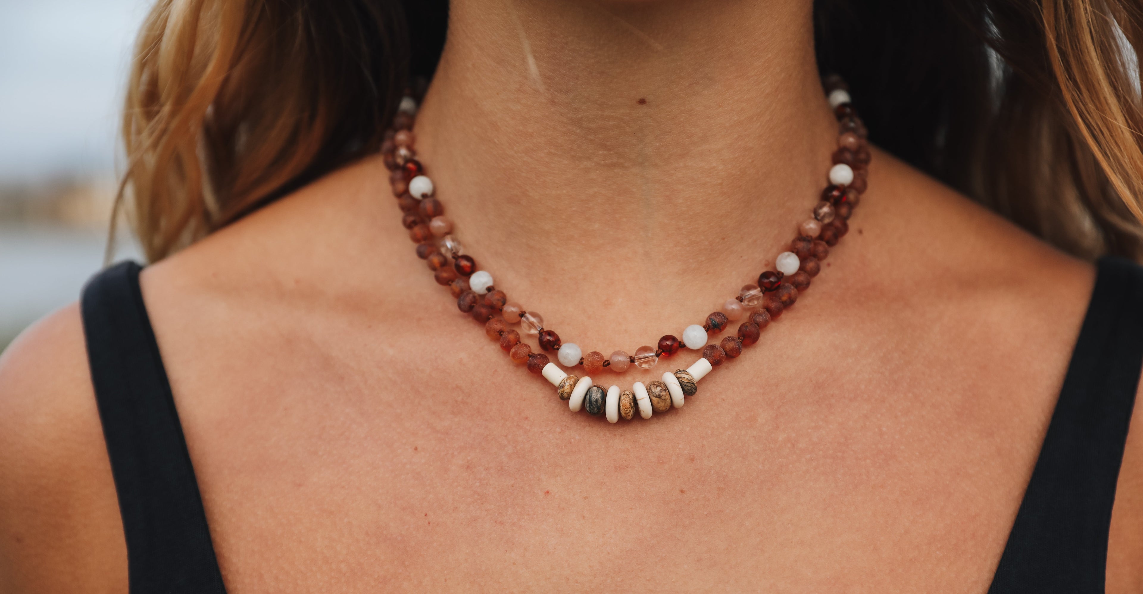 Baltic Sea Amber || Sunstone  + Moonstone || Natural Gemstone Necklace